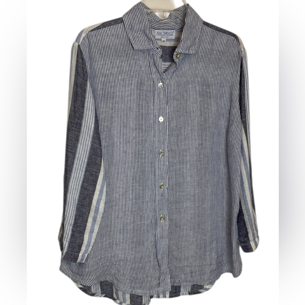 Women’s linen‎ mixed media Button-Up Shirt blue size XL Boyfriend
